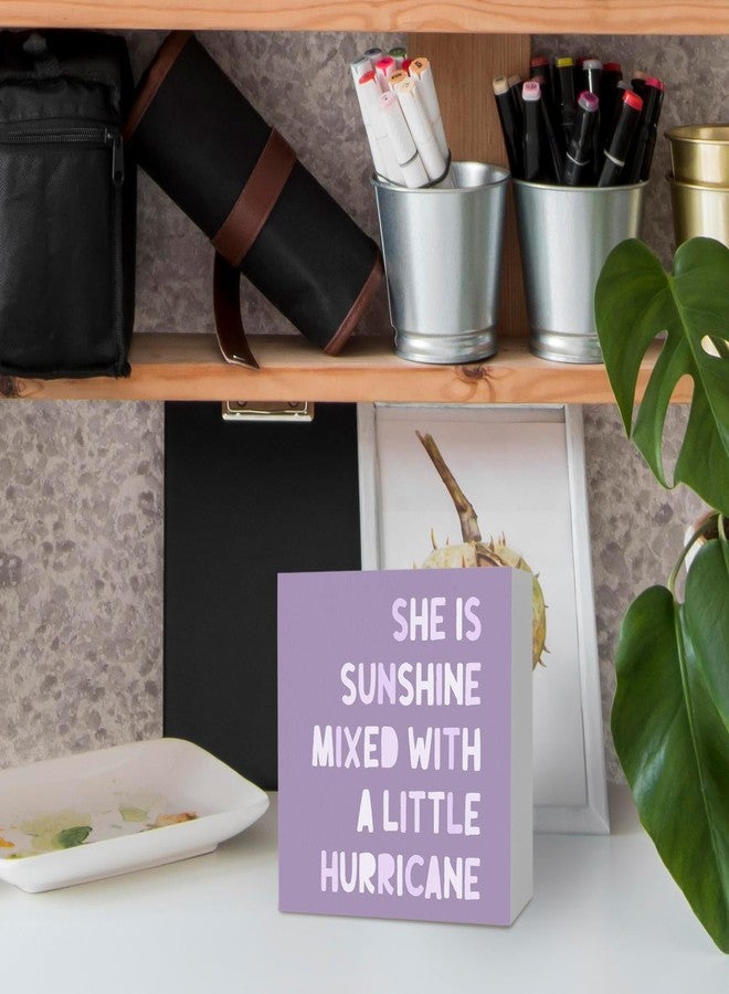 KFXHANGD Purple Inspirational Wooden Box Sign Desk Decor, Purple Room She Is Sunshine Mixed with a Little Hurricane Signfor Nursery Girls Bedroom, Purple Positive Shelf Desk Decor 5x5In - Image 5
